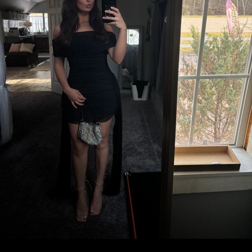Showpo Black Off Shoulder Ruched Mini Dress
